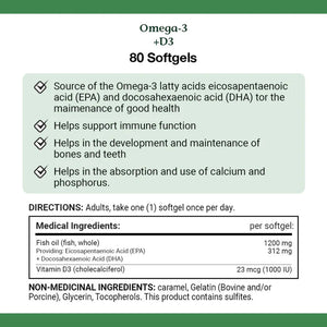 Omega-3 + D3 supplement label with directions and ingredient information. - okotoks hc pharmacy
