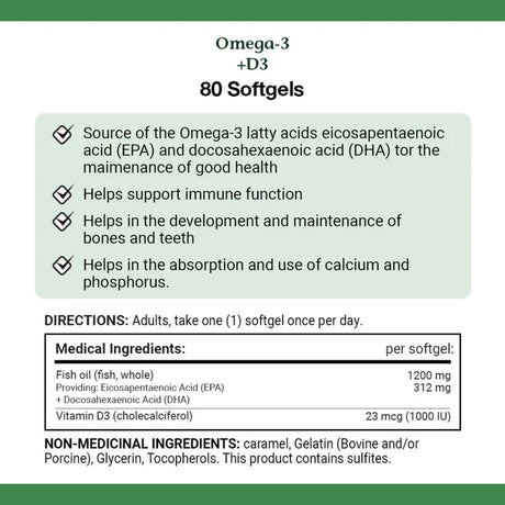 Omega-3 + D3 supplement label with directions and ingredient information. - okotoks hc pharmacy