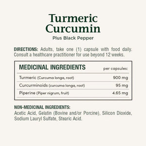 Turmeric Curcumin supplement label with directions and ingredient list on a white background - okotoks hc pharmacy