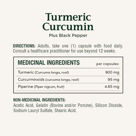 Turmeric Curcumin supplement label with directions and ingredient list on a white background - okotoks hc pharmacy