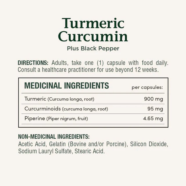 Turmeric Curcumin supplement label with directions and ingredient list on a white background - okotoks hc pharmacy