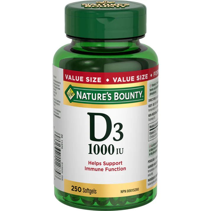 Nature's Bounty D3 1000 IU supplement bottle on a white background - okotoks hc pharmacy