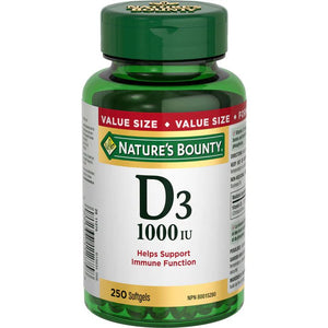 Nature's Bounty D3 1000 IU supplement bottle on a white background - okotoks hc pharmacy