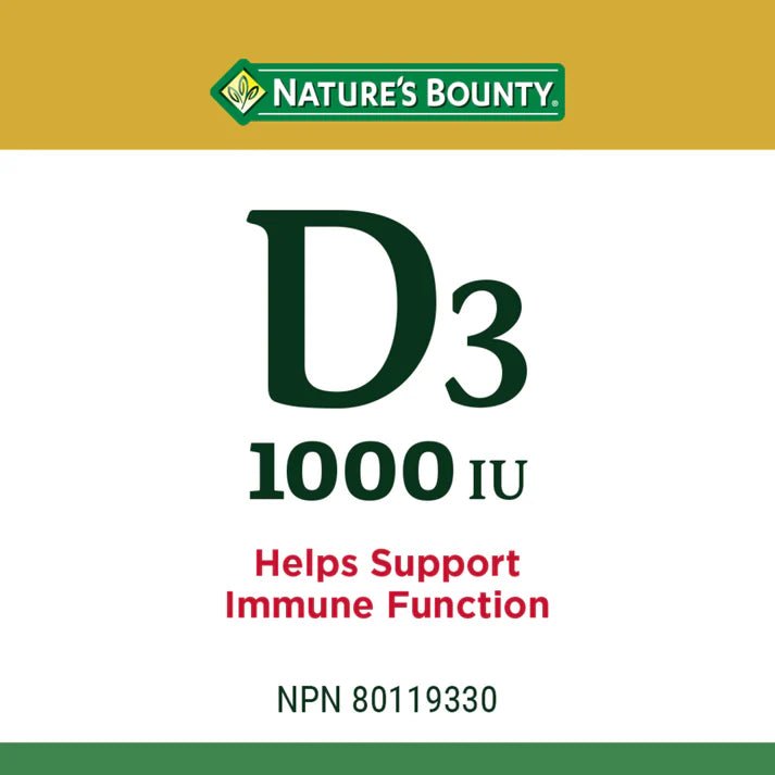 Nature's Bounty D3 1000 IU supplement label on a white background - okotoks hc pharmacy