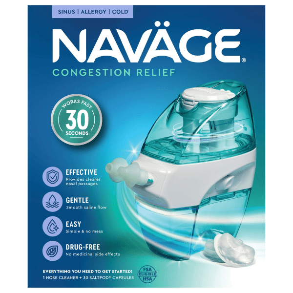 Naváge congestion relief product packaging with blue and white design. - okotoks hc pharmacy