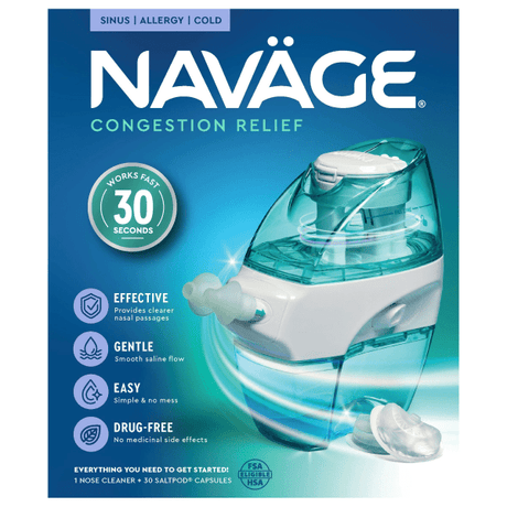 Naváge congestion relief product packaging with blue and white design. - okotoks hc pharmacy