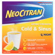 Neocitran Extra Strength Cold & Sinus Night package with a cup of tea and lemon on a colorful background - Okotoks HC Pharmacy