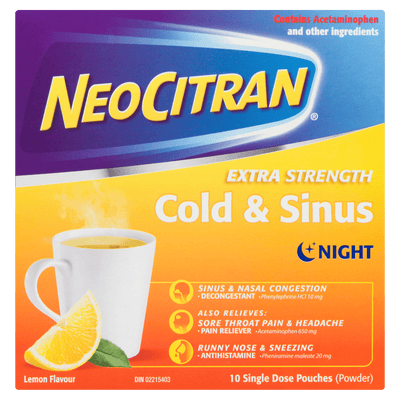 Neocitran Extra Strength Cold & Sinus Night package with a cup of tea and lemon on a colorful background - Okotoks HC Pharmacy