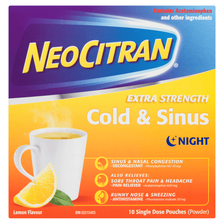 Neocitran Extra Strength Cold & Sinus Night package with a cup of tea and lemon on a colorful background - Okotoks HC Pharmacy