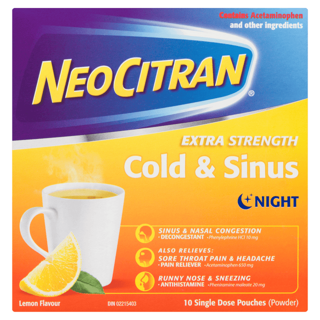 Neocitran Extra Strength Cold & Sinus Night package with a cup of tea and lemon on a colorful background - Okotoks HC Pharmacy