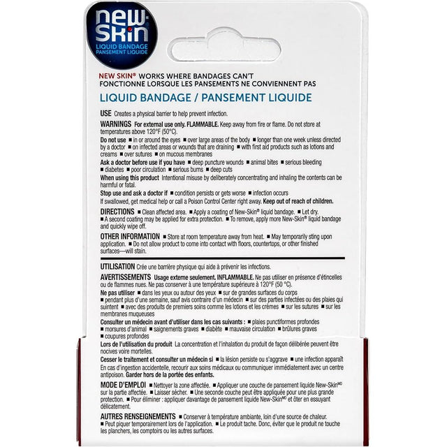 New Skin liquid bandage packaging with text and instructions. - okotoks hc pharmacy