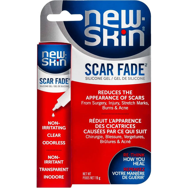 New-Skin Scar Fade silicone gel packaging with red and blue design. - okotoks hc pharmacy
