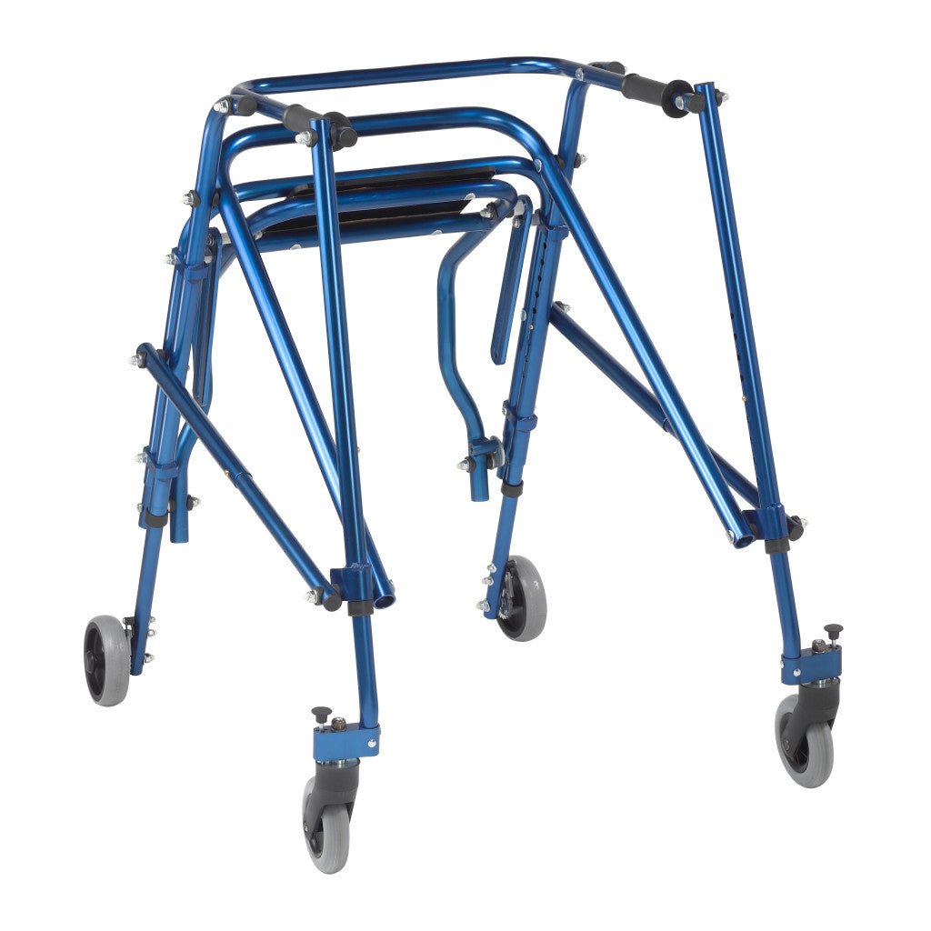 Blue walker with wheels on a white background - okotoks hc pharmacy