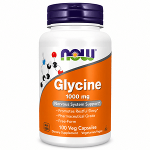 A white bottle of NOW Glycine 1000 mg dietary supplement with a dark purple cap and an orange label, shown on a plain white background. - okotoks hc pharmacy