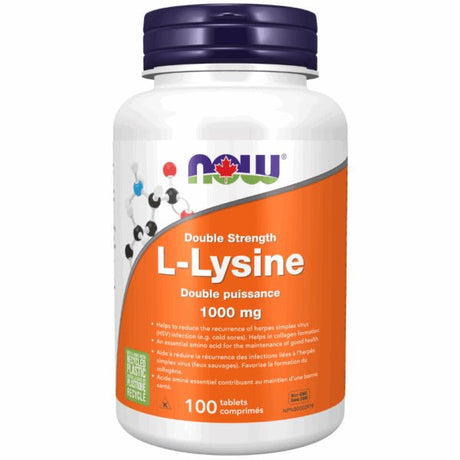Supplement bottle labeled 'Double Strength L-Lysine' with NOW brand on a white background - okotoks hc pharmacy