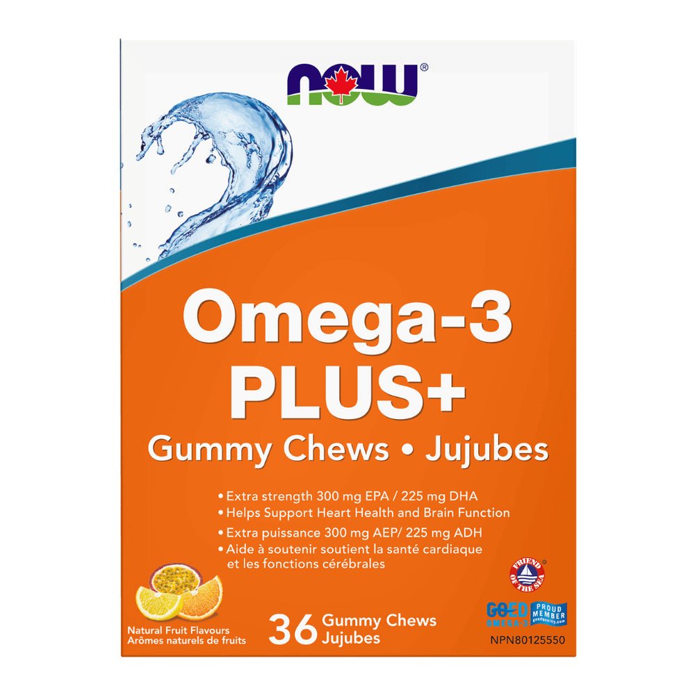 Omega-3 Plus+ Gummy Chews packaging with NOW brand on a white background - okotoks hc pharmacy