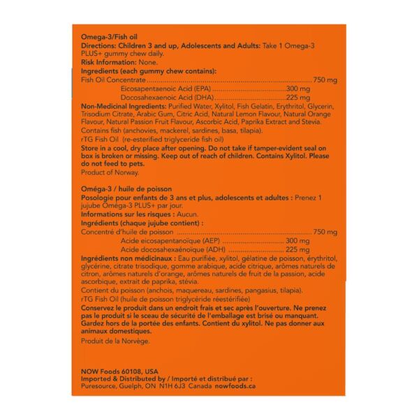 The back of an Omega-3 Fish oil package, showing white text on a black background with product details, ingredients, directions, and manufacturer information. - okotoks hc pharmacy