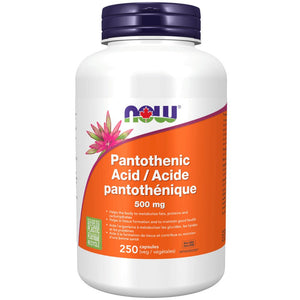 Supplement bottle labeled 'Pantothenic Acid' with NOW brand on a white background - okotoks hc pharmacy