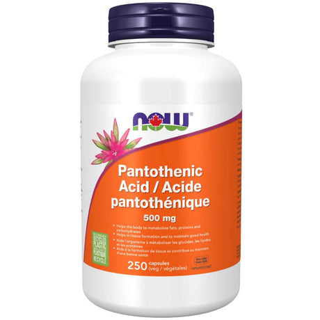 Supplement bottle labeled 'Pantothenic Acid' with NOW brand on a white background - okotoks hc pharmacy