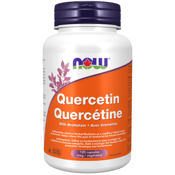 Supplement bottle labeled 'Quercetin Quercetine' with NOW brand on a white background - Okotoks HC Pharmacy