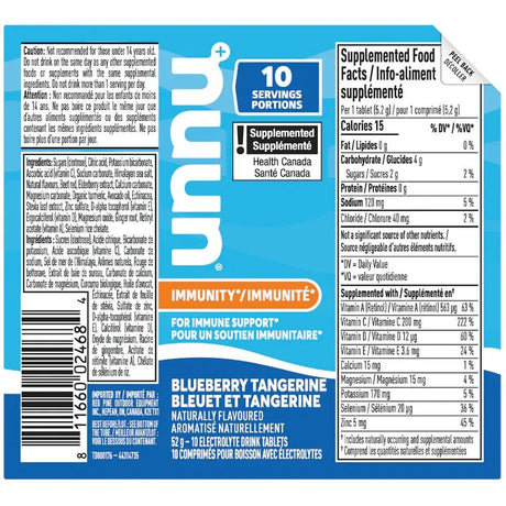 nuun supplement label for blueberry tangerine flavor with nutritional information and ingredients. - okotoks hc pharmacy