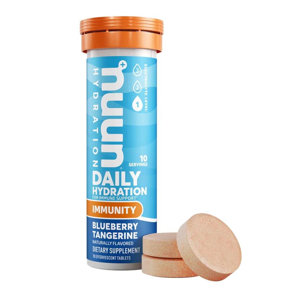 Nuun Daily Hydration Immunity supplement tube with blue and orange design on a white background - okotoks hc pharmacy