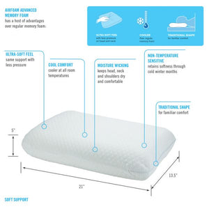 Memory foam pillow with features and measurements on a white background - okotoks hc pharmacy