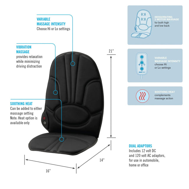Black massage seat cushion with features and dimensions on a white background - okotoks hc pharmacy