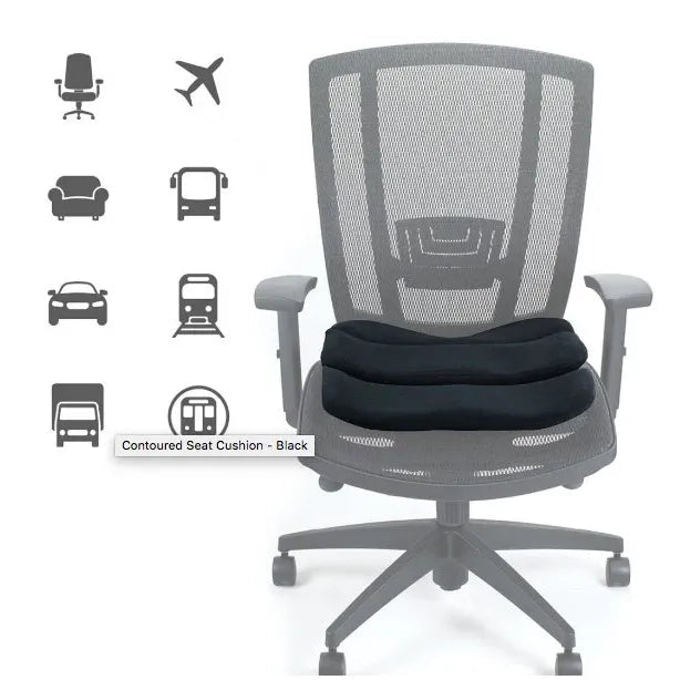 Gray office chair with a black contoured seat cushion on a white background - okotoks hc pharmacy