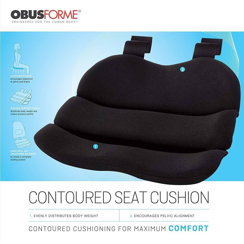 Black contoured seat cushion with branding and text on a blue background - okotoks hc pharmacy