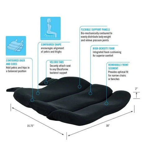 Black seat cushion with features and measurements on a white background - okotoks hc pharmacy