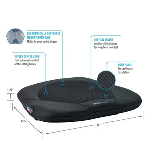 Black memory foam seat cushion with features and measurements on a white background - okotoks hc pharmacy