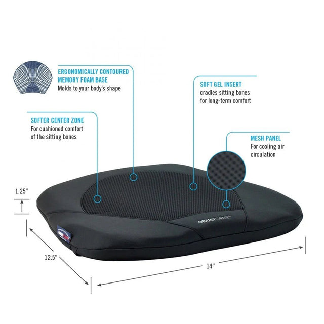 Black memory foam seat cushion with features and measurements on a white background - okotoks hc pharmacy