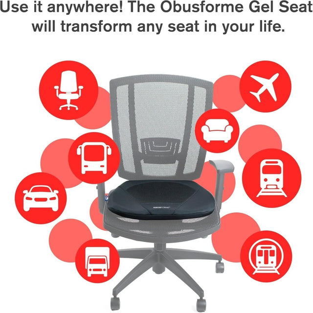 Gray office chair with a gel seat pad surrounded by icons indicating various uses. - okotoks hc pharmacy
