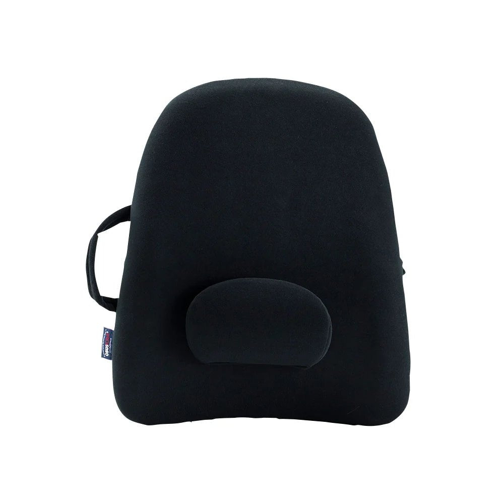 Black pillow with a small logo on a white background - okotoks hc pharmacy