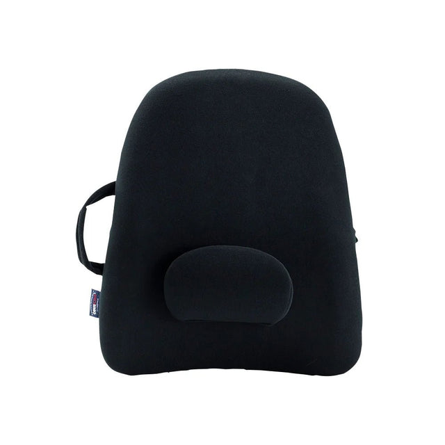 Black pillow with a small logo on a white background - okotoks hc pharmacy