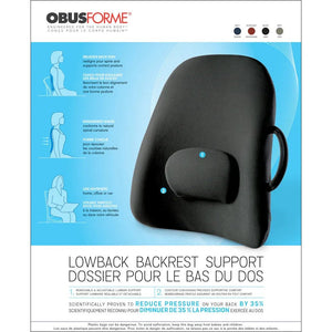 Black backrest support with branding and text on a blue and white background - okotoks hc pharmacy
