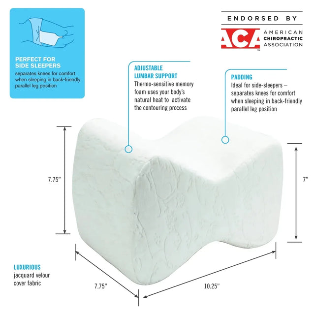 A white contoured lumbar support pillow with dimension labels and feature callouts, including measurements of 7.75 inches, 10. - okotoks hc pharmacy