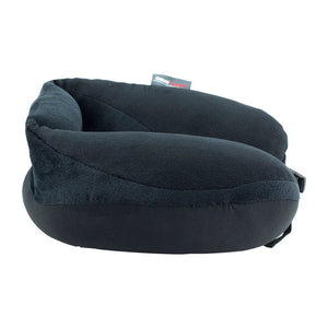 A black U-shaped travel neck pillow with a plush fleece texture, shown from a side profile view on a solid white background. A small brand tag for 'Casper' is visible near the top. - okotoks hc pharmacy