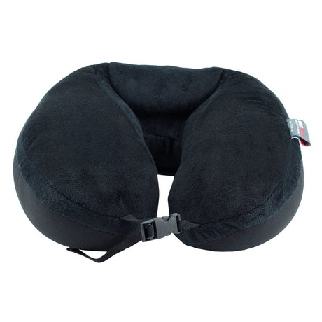 A black U-shaped travel neck pillow with a plush fabric texture and an adjustable strap with a plastic buckle, shown on a plain white background. - okotoks hc pharmacy