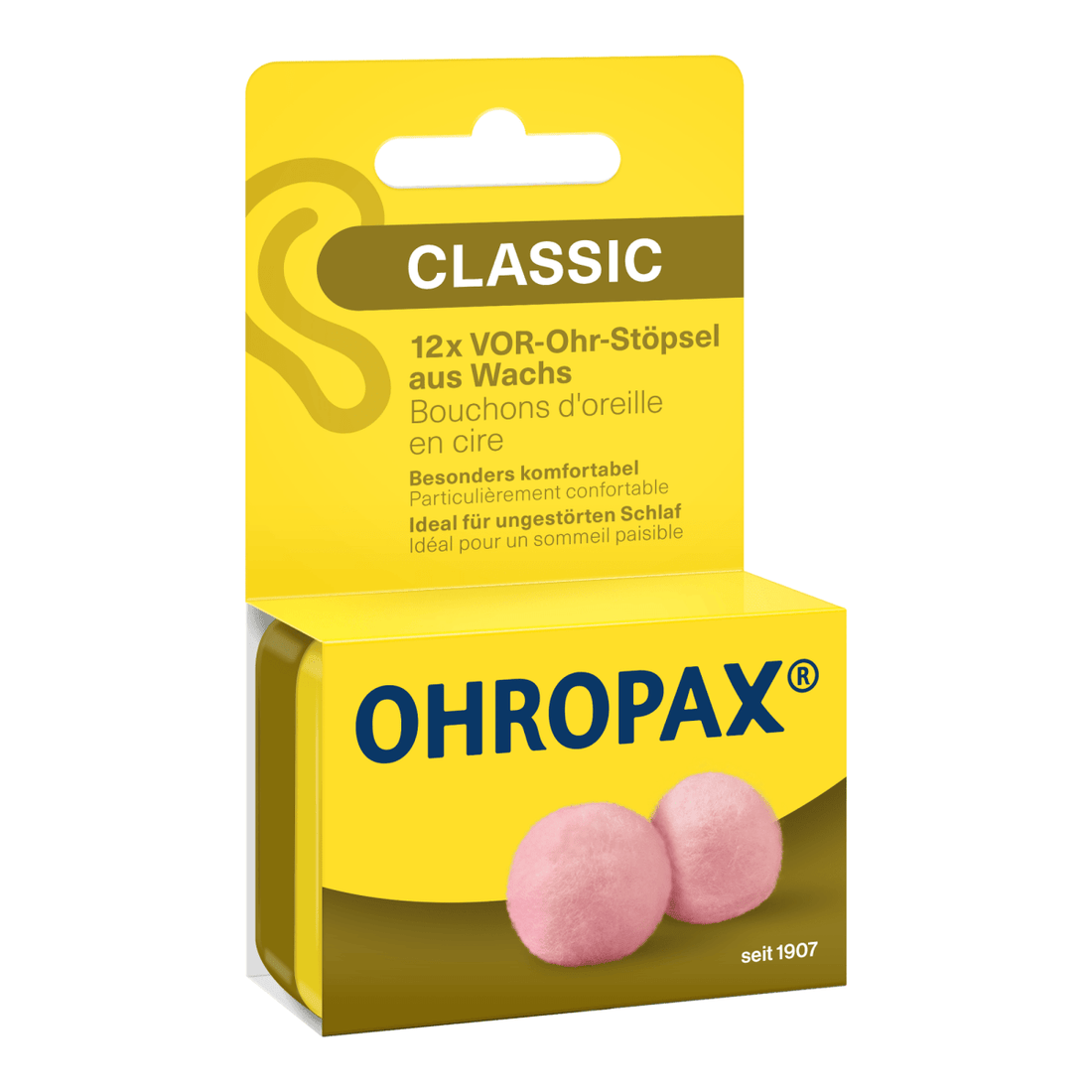 Yellow packaging of OHROPAX earplugs with pink earplugs on a white background - okotoks hc pharmacy