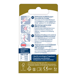 Wax earplugs packaging with text and illustrations on a white background - okotoks hc pharmacy