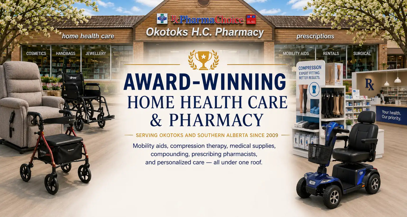 Award-winning Okotoks HC Pharmacy and Home Health Care showroom featuring mobility aids, compression therapy, pharmacy services, scooters, lift chairs, and medical supplies in Okotoks, Alberta.