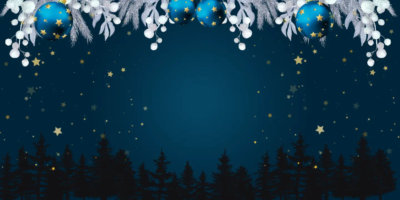 Decorative border with blue ornaments, white snowflakes, and gold stars on a dark blue background with tree silhouettes.