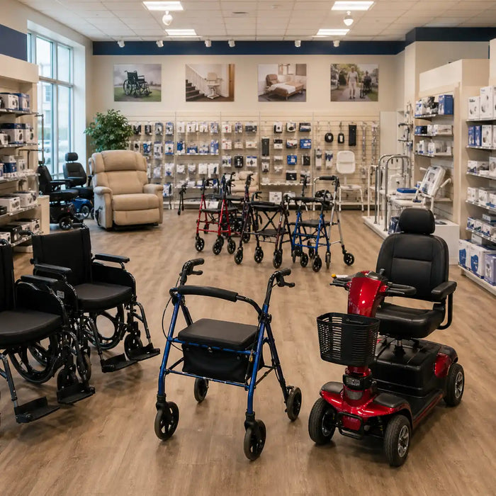 Home health care section with mobility equipment including walkers, wheelchairs, and scooters at Okotoks HC Pharmacy