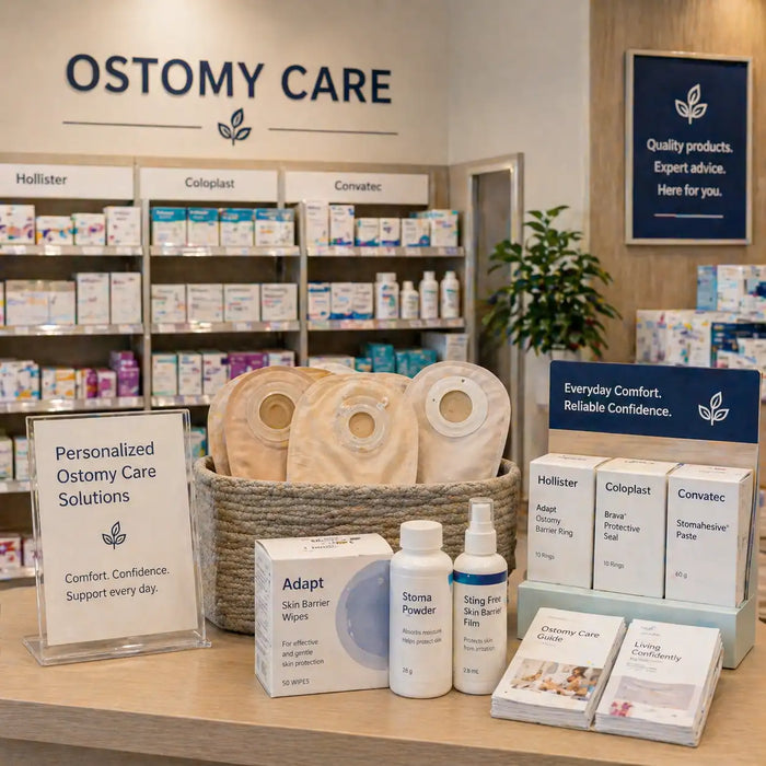 Ostomy care supplies including pouches, skin barriers, and accessories displayed in a pharmacy setting