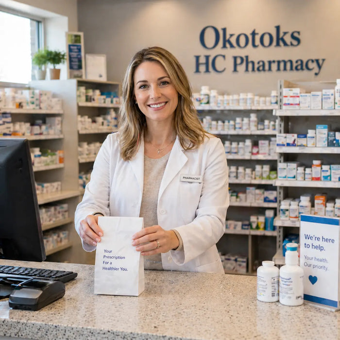 Friendly pharmacist handing a prescription at the counter with medication shelves at Okotoks HC Pharmacy