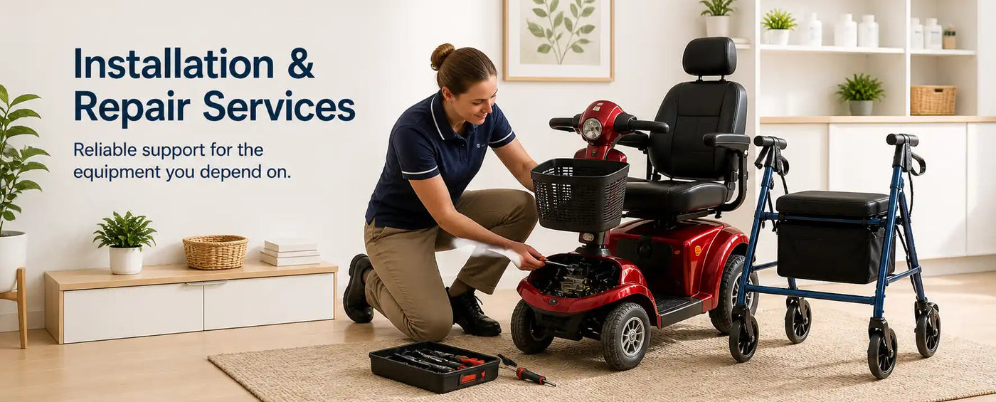 Mobility scooter and walker set up in a home setting representing installation and repair services at Okotoks HC Pharmacy