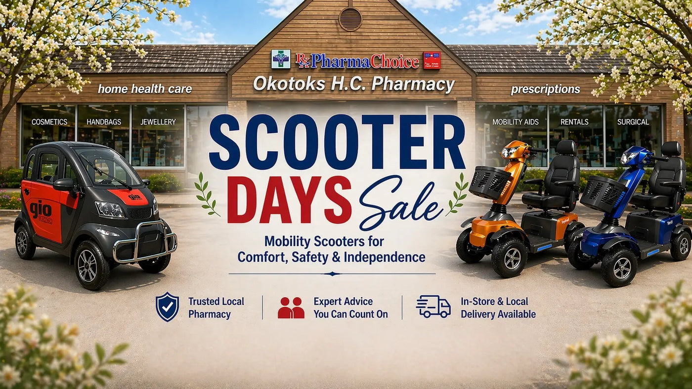 Promotional advertisement for mobility scooter sale at Okotoks H.C. Pharmacy with three scooters displayed outside.