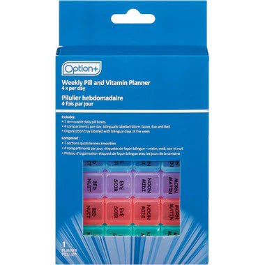 Weekly pill and vitamin planner packaging with colorful compartments on a blue background - okotoks hc pharmacy